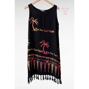 Ron Jon Surf Shop Cover Up Dress XL Black Sheer Fringe Hem Beach Tank